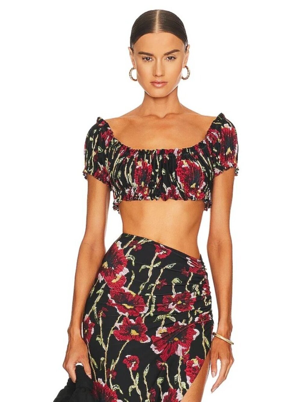 Norma Kamali Jose Floral Crop Top Black Poppy Womens Size Large